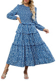 ZAFUL Womens Fall Floral Smocked Maxi Dress Long Puff Sleeve Bohemian Dresses Flowy Tiered Ruffle Wedding Guest Dress