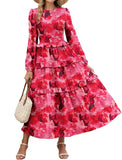 ZAFUL Womens Fall Floral Smocked Maxi Dress Long Puff Sleeve Bohemian Dresses Flowy Tiered Ruffle Wedding Guest Dress