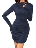 ZAFUL Womens Fall Long Sleeve Mini Dress Ruched Bodycon Dress Boat Neck Cocktail Party Club Short Tight Basic Dresses