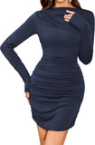 ZAFUL Womens Fall Long Sleeve Mini Dress Ruched Bodycon Dress Boat Neck Cocktail Party Club Short Tight Basic Dresses