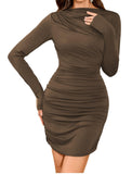 ZAFUL Womens Fall Long Sleeve Mini Dress Ruched Bodycon Dress Boat Neck Cocktail Party Club Short Tight Basic Dresses
