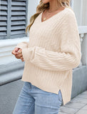 ZAFUL Womens Fall Oversized Sweaters Lightweight 2025 Cable Knit V Neck Long Sleeve Casual Loose Winter Pullover Sweater Tops White X-Large