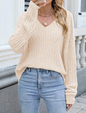 ZAFUL Womens Fall Oversized Sweaters Lightweight 2025 Cable Knit V Neck Long Sleeve Casual Loose Winter Pullover Sweater Tops White X-Large