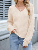 ZAFUL Womens Fall Oversized Sweaters Lightweight 2025 Cable Knit V Neck Long Sleeve Casual Loose Winter Pullover Sweater Tops White X-Large