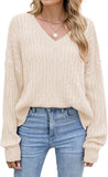 ZAFUL Womens Fall Oversized Sweaters Lightweight 2025 Cable Knit V Neck Long Sleeve Casual Loose Winter Pullover Sweater Tops White X-Large