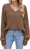 ZAFUL Womens Fall Oversized Sweaters Lightweight 2025 Cable Knit V Neck Long Sleeve Casual Loose Winter Pullover Tops
