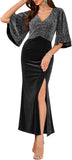 ZAFUL Women's Formal Prom Dress Shimmery Sequin Half Ruffle Sleeve V Neck Long Wedding Guest Dresses Trendy High Split Formal Evening Cocktail Party Dress(Black,M)