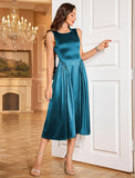 ZAFUL Womens Formal Wedding Guest Dress Elegant Satin A Line Cocktail Club Party Dress Trendy Sleeveless Graduation Prom Midi Dress(Lake Blue,S)