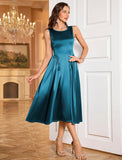 ZAFUL Womens Formal Wedding Guest Dress Elegant Satin A Line Cocktail Club Party Dress Trendy Sleeveless Graduation Prom Midi Dress(Lake Blue,S)
