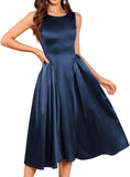 ZAFUL Womens Formal Wedding Guest Dress Elegant Satin A Line Cocktail Club Party Dress Trendy Sleeveless Graduation Prom Midi Dress(Navy Blue,S)