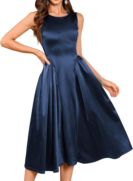 ZAFUL Womens Formal Wedding Guest Dress Elegant Satin A Line Cocktail Club Party Dress Trendy Sleeveless Graduation Prom Midi Dress(Navy Blue,S)