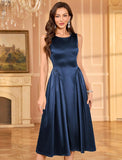 ZAFUL Womens Formal Wedding Guest Dress Elegant Satin A Line Cocktail Club Party Dress Trendy Sleeveless Graduation Prom Midi Dress(Navy Blue,S)