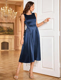 ZAFUL Womens Formal Wedding Guest Dress Elegant Satin A Line Cocktail Club Party Dress Trendy Sleeveless Graduation Prom Midi Dress(Navy Blue,S)