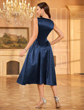 ZAFUL Womens Formal Wedding Guest Dress Elegant Satin A Line Cocktail Club Party Dress Trendy Sleeveless Graduation Prom Midi Dress(Navy Blue,S)