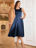 ZAFUL Womens Formal Wedding Guest Dress Elegant Satin A Line Cocktail Club Party Dress Trendy Sleeveless Graduation Prom Midi Dress(Navy Blue,S)