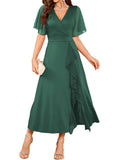 ZAFUL Womens Formal Wedding Guest Dresses V Neck Flared Sleeve Evening Party Cocktail Dress Split Ruffle Long Gown 2025