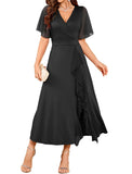 ZAFUL Womens Formal Wedding Guest Dresses V Neck Flared Sleeve Evening Party Cocktail Dress Split Ruffle Long Gown 2025