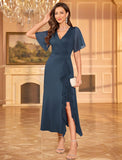 ZAFUL Womens Formal Wedding Guest Dresses V Neck Flared Sleeve Evening Party Cocktail Dress Split Ruffle Long Gown 2025