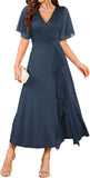 ZAFUL Womens Formal Wedding Guest Dresses V Neck Flared Sleeve Evening Party Cocktail Dress Split Ruffle Long Gown 2025
