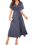 ZAFUL Womens Formal Wedding Guest Dresses V Neck Flared Sleeve Evening Party Cocktail Dress Split Ruffle Long Gown 2025