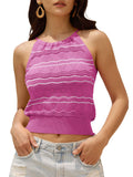 ZAFUL Womens Halter Crochet Tops Backless Sleeveless Hollow Out Summer Sweater Striped Camisole Tank Crop Top