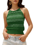 ZAFUL Womens Halter Crochet Tops Backless Sleeveless Hollow Out Summer Sweater Striped Camisole Tank Crop Top
