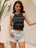 ZAFUL Womens Halter Crochet Tops Backless Sleeveless Hollow Out Summer Sweater Striped Camisole Tank Crop Top
