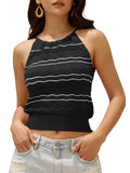 ZAFUL Womens Halter Crochet Tops Backless Sleeveless Hollow Out Summer Sweater Striped Camisole Tank Crop Top