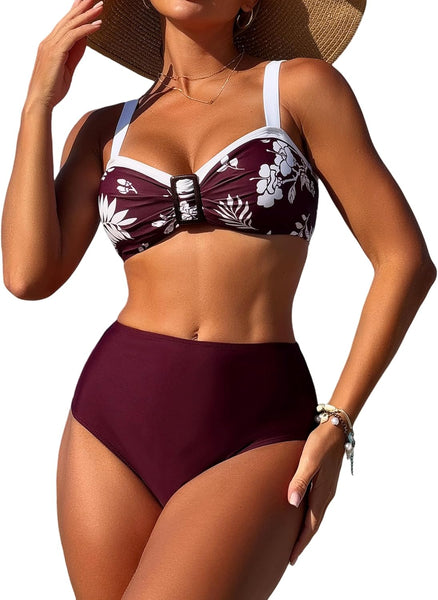 ZAFUL Womens High Waisted Bikini Sets 2 Piece Retro Floral Tummy Control Bathing Suit Push Up Color Block Swimsuits