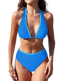 ZAFUL Womens High Waisted Bikini Sets Halter Floral Shell Stitch 2 Piece Swimsuits V Neck Tummy Control Bathing Suits