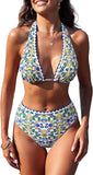 ZAFUL Womens High Waisted Bikini Sets Halter Floral Shell Stitch 2 Piece Swimsuits V Neck Tummy Control Bathing Suits