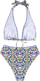 ZAFUL Womens High Waisted Bikini Sets Halter Floral Shell Stitch 2 Piece Swimsuits V Neck Tummy Control Bathing Suits