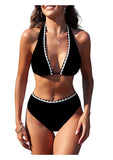ZAFUL Womens High Waisted Bikini Sets Halter Floral Shell Stitch 2 Piece Swimsuits V Neck Tummy Control Bathing Suits