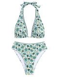 ZAFUL Womens High Waisted Bikini Sets Halter Floral Shell Stitch 2 Piece Swimsuits V Neck Tummy Control Bathing Suits