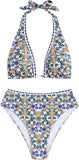 ZAFUL Womens High Waisted Bikini Sets Halter Floral Shell Stitch 2 Piece Swimsuits V Neck Tummy Control Bathing Suits