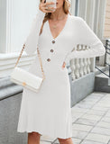 ZAFUL Women's Long Sleeve Midi Work Dresses Fall V Neck Ribbed Knit Pleated A-Line Fitted Elegant Sweater Dress 2025