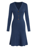 ZAFUL Women's Long Sleeve Midi Work Dresses Fall V Neck Ribbed Knit Pleated A-Line Fitted Elegant Sweater Dress 2025
