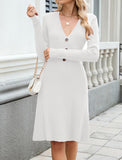 ZAFUL Women's Long Sleeve Midi Work Dresses Fall V Neck Ribbed Knit Pleated A-Line Fitted Elegant Sweater Dress 2025