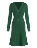 ZAFUL Women's Long Sleeve Midi Work Dresses Fall V Neck Ribbed Knit Pleated A-Line Fitted Elegant Sweater Dress 2025