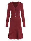 ZAFUL Women's Long Sleeve Midi Work Dresses Fall V Neck Ribbed Knit Pleated A-Line Fitted Elegant Sweater Dress 2025