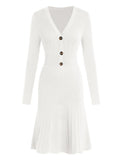 ZAFUL Women's Long Sleeve Midi Work Dresses Fall V Neck Ribbed Knit Pleated A-Line Fitted Elegant Sweater Dress 2025