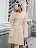 ZAFUL Womens Long Sleeve Sweater Dresses Fall Casual Crew Neck A Line Ribbed Knit Button Mini Pullover Dress Trendy 2025