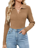 ZAFUL Womens Long Sleeve V Neck Sweaters Collared Ribbed Knit Tops Pullover Polo Sweater Shirts 2025 Fall Trendy Outfits