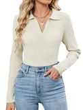 ZAFUL Womens Long Sleeve V Neck Sweaters Collared Ribbed Knit Tops Pullover Polo Sweater Shirts 2025 Fall Trendy Outfits