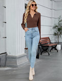 ZAFUL Womens Long Sleeve V Neck Sweaters Collared Ribbed Knit Tops Pullover Polo Sweater Shirts 2025 Fall Trendy Outfits