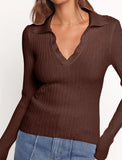 ZAFUL Womens Long Sleeve V Neck Sweaters Collared Ribbed Knit Tops Pullover Polo Sweater Shirts 2025 Fall Trendy Outfits
