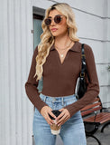 ZAFUL Womens Long Sleeve V Neck Sweaters Collared Ribbed Knit Tops Pullover Polo Sweater Shirts 2025 Fall Trendy Outfits