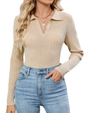ZAFUL Womens Long Sleeve V Neck Sweaters Collared Ribbed Knit Tops Pullover Polo Sweater Shirts 2025 Fall Trendy Outfits