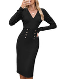 ZAFUL Women's Long Sleeve Wear to Work Midi Dress Lightweight V Neck Business Office Sheath Bodycon Pencil Office Dress Fall