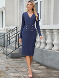 ZAFUL Women's Long Sleeve Wear to Work Midi Dress Lightweight V Neck Business Office Sheath Bodycon Pencil Office Dress Fall